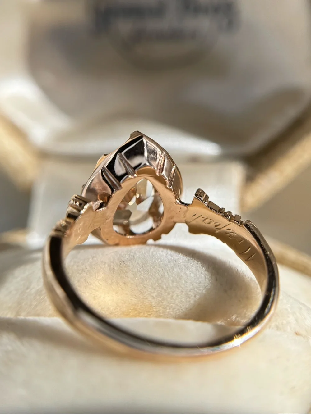 2.14 carat GIA Fancy Yellow-Brown Antique Cut Pear Natural Diamond Ring
